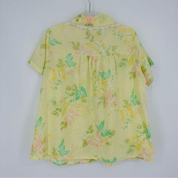 Vintage Button Up Pajama Top Peter Pan Collar Lace Butterflies Yellow Size L - Picture 5 of 10
